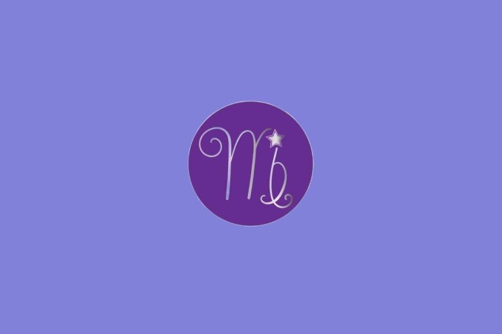 Ilustração do signo de Virgem, contendo símbolo semelhante à letra M com curva final e estrela ao lado, em fundo roxo