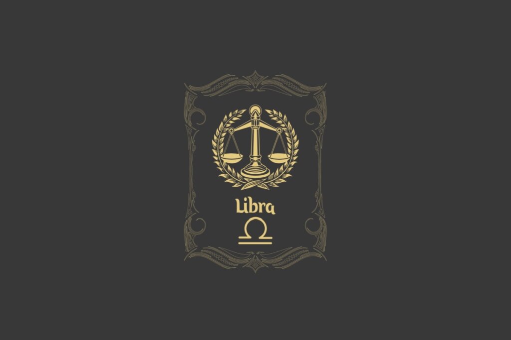 Ilustração do signo de Libra com uma balança dourada no centro de uma moldura decorativa, em um fundo cinza-escuro