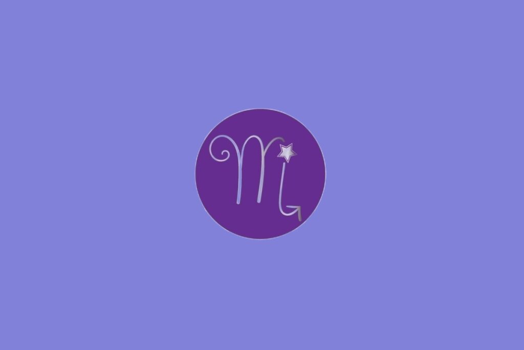 Ilustração do signo de Escorpião, contendo símbolo semelhante a letra M com cauda em seta e estrela ao lado, em fundo roxo