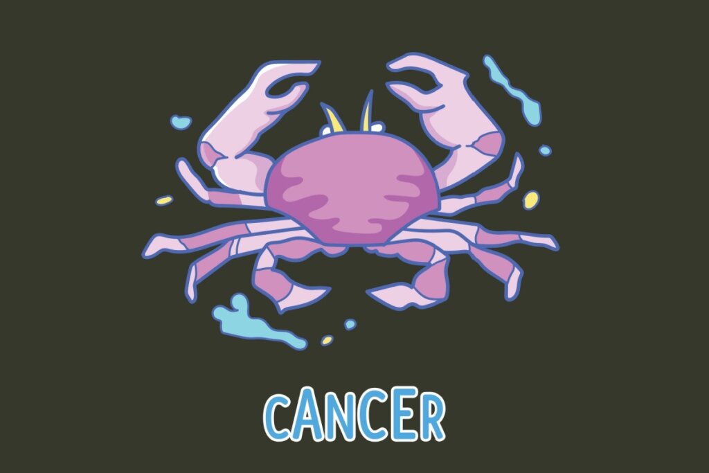Ilustração do signo de Câncer. Um caranguejo de traços lúdicos é representado em tons de lilás e rosa. O animal possui garras grandes levantadas e patas articuladas nas laterais. Pequenos elementos gráficos que lembram respingos de água azuis e amarelos flutuam ao redor da figura. Abaixo, está escrito "CANCER" em letras azuis com bordas brancas sobre o fundo cinza-escuro.