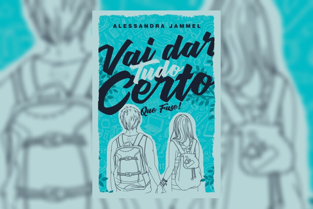 Ilustração em tons de azul turquesa mostrando as costas de um casal de jovens usando mochilas e de mãos dadas. O fundo é preenchido com desenhos de itens escolares e o título em fontes manuscritas pretas e brancas.
