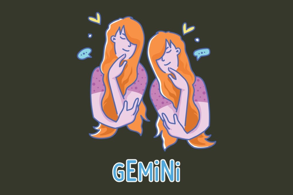Ilustração do signo de Gêmeos mostrando duas figuras femininas idênticas lado a lado. Ambas possuem longos cabelos laranjas e vestem blusas roxas com bolinhas. Elas estão com os olhos fechados e uma das mãos tocando suavemente o queixo, em uma pose reflexiva. Balões de fala azuis e pequenos corações amarelos flutuam ao redor delas. Na base, a inscrição "GEMINI" em azul e branco.