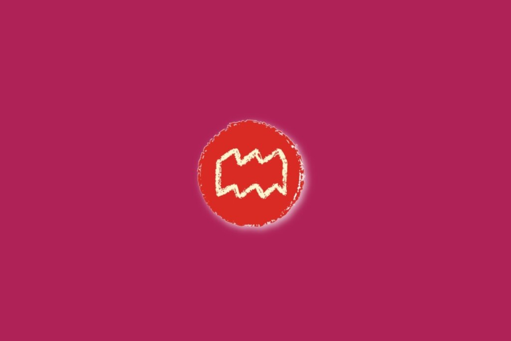 Ilustração do signo de aquário, dentro de um círculo vermelho, sobre um fundo rosa