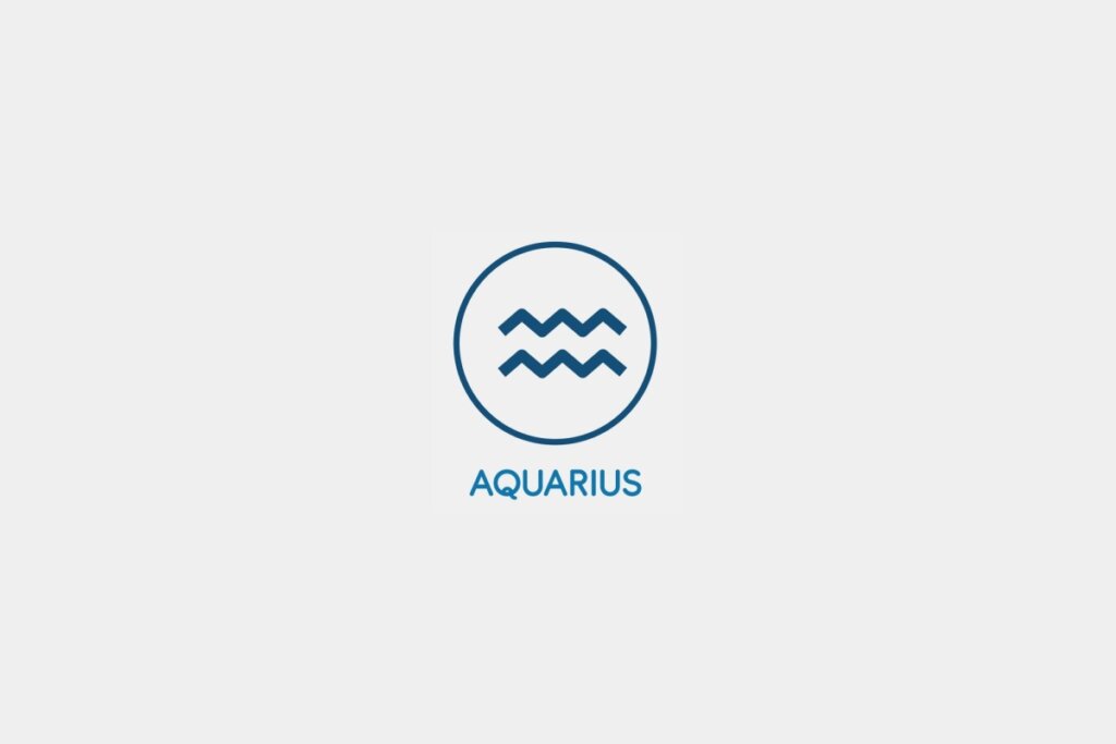 Círculo azul com o símbolo do signo de Aquário ao centro e o nome do signo abaixo, sobre um fundo cinza-claro