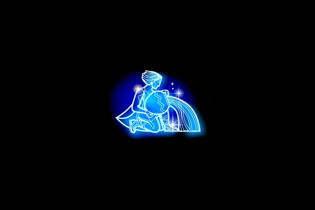Ilustração do signo de aquário em azul sobre um fundo preto