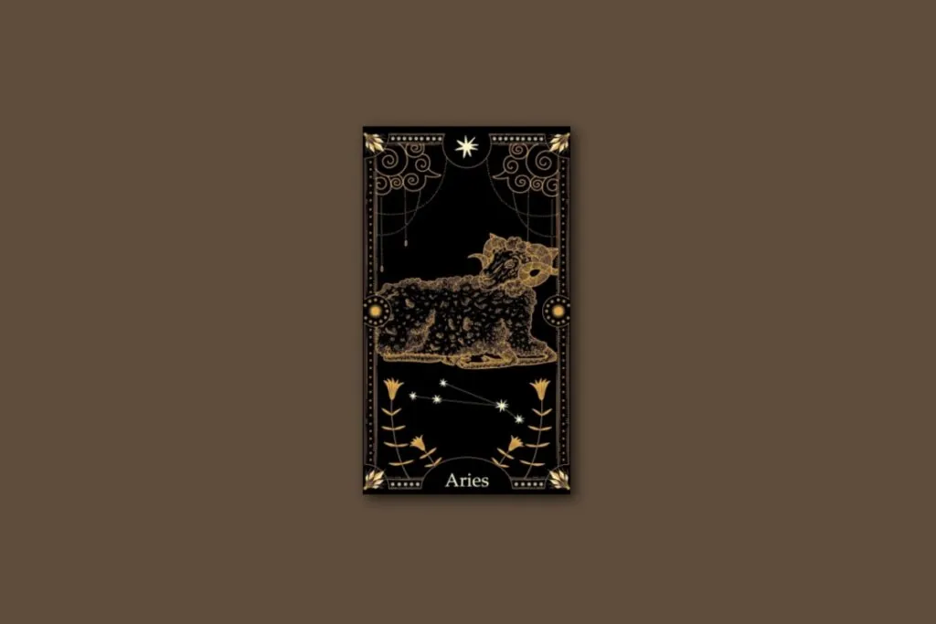 Ilustração de uma carta preta, com carneiro e constelação de Áries, borda dourada e estrelas