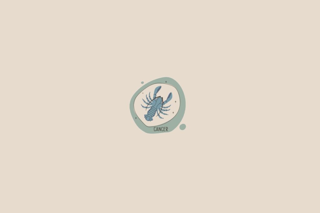 Ilustração do signo de câncer em um fundo bege-claro. Ao redor dele, há um círculo verde-claro e pequenas bolhas