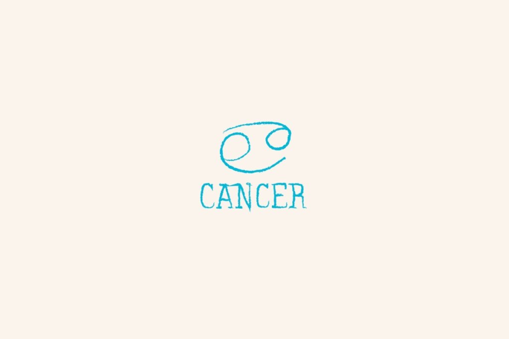 Símbolo do signo de câncer, na cor azul, centralizado em um fundo bege-claro e com o nome abaixo