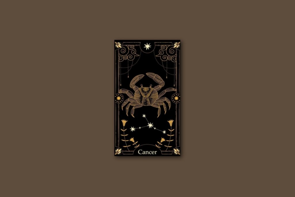 Ilustração de uma carta preta, com caranguejo e da constelação de Câncer, com borda dourada e estrelas
