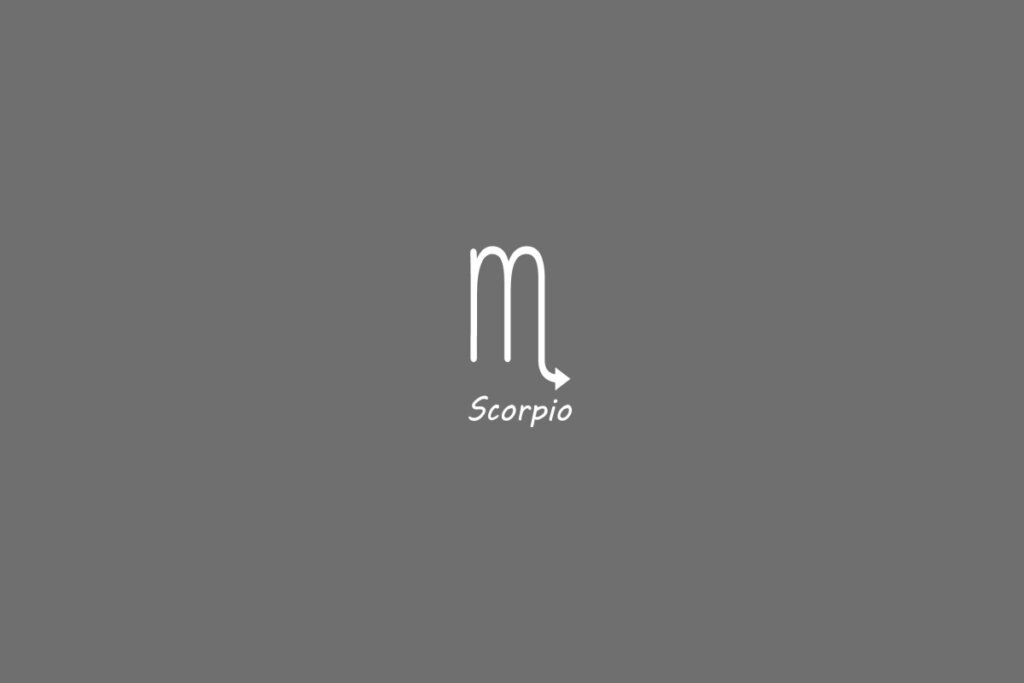 Símbolo do signo de escorpião, na cor branca, centralizado em um fundo cinza e com o nome embaixo