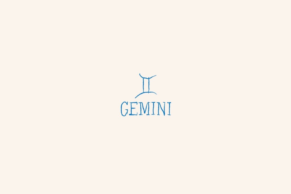 Símbolo do signo de gêmeos, na cor azul, centralizado em um fundo bege-claro e com o nome abaixo