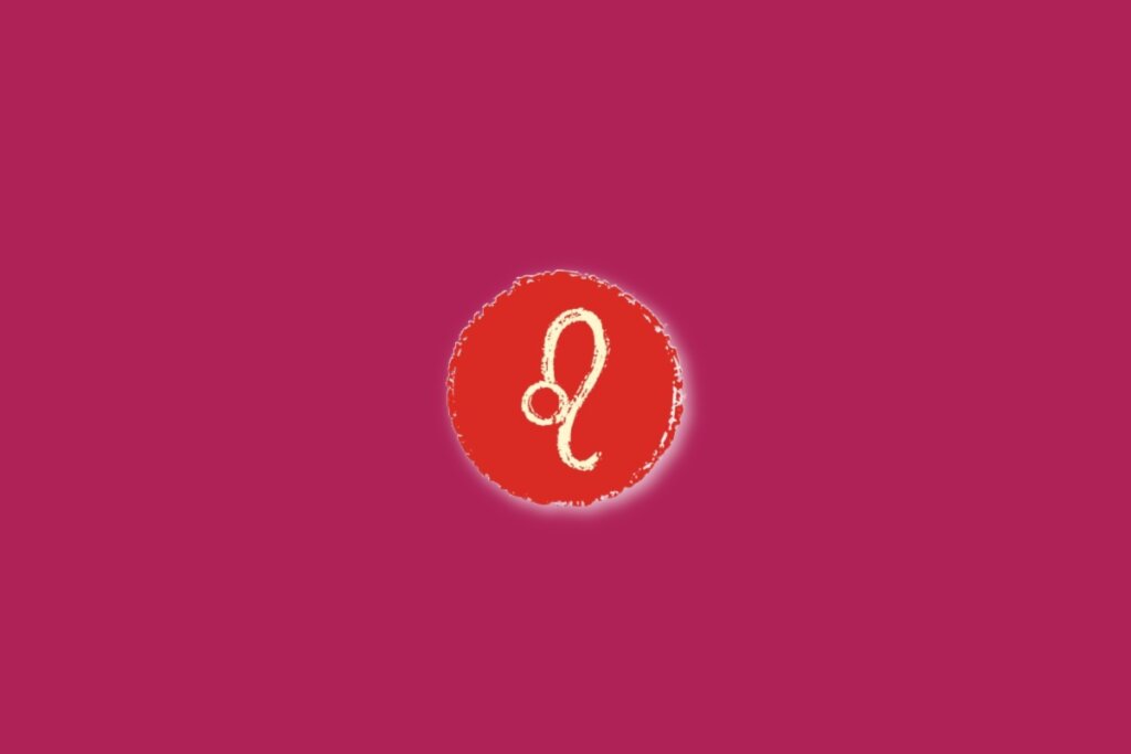 Ilustração do signo de leão, dentro de um círculo vermelho, sobre um fundo rosa