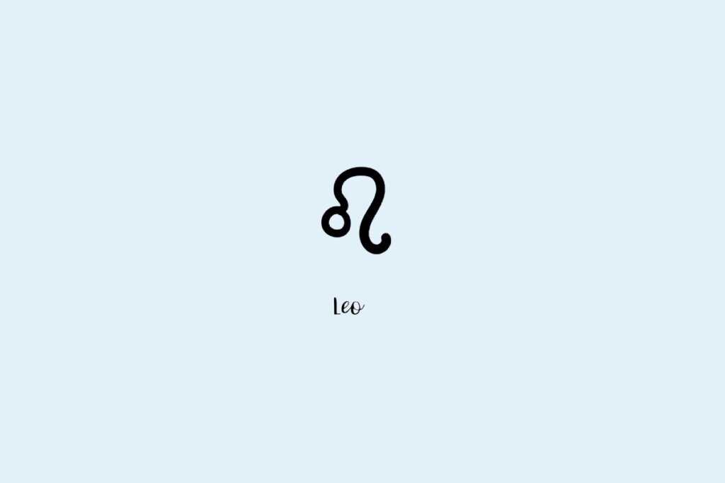 Ilustração do símbolo do signo de leão, com o nome embaixo, em um fundo azul-claro