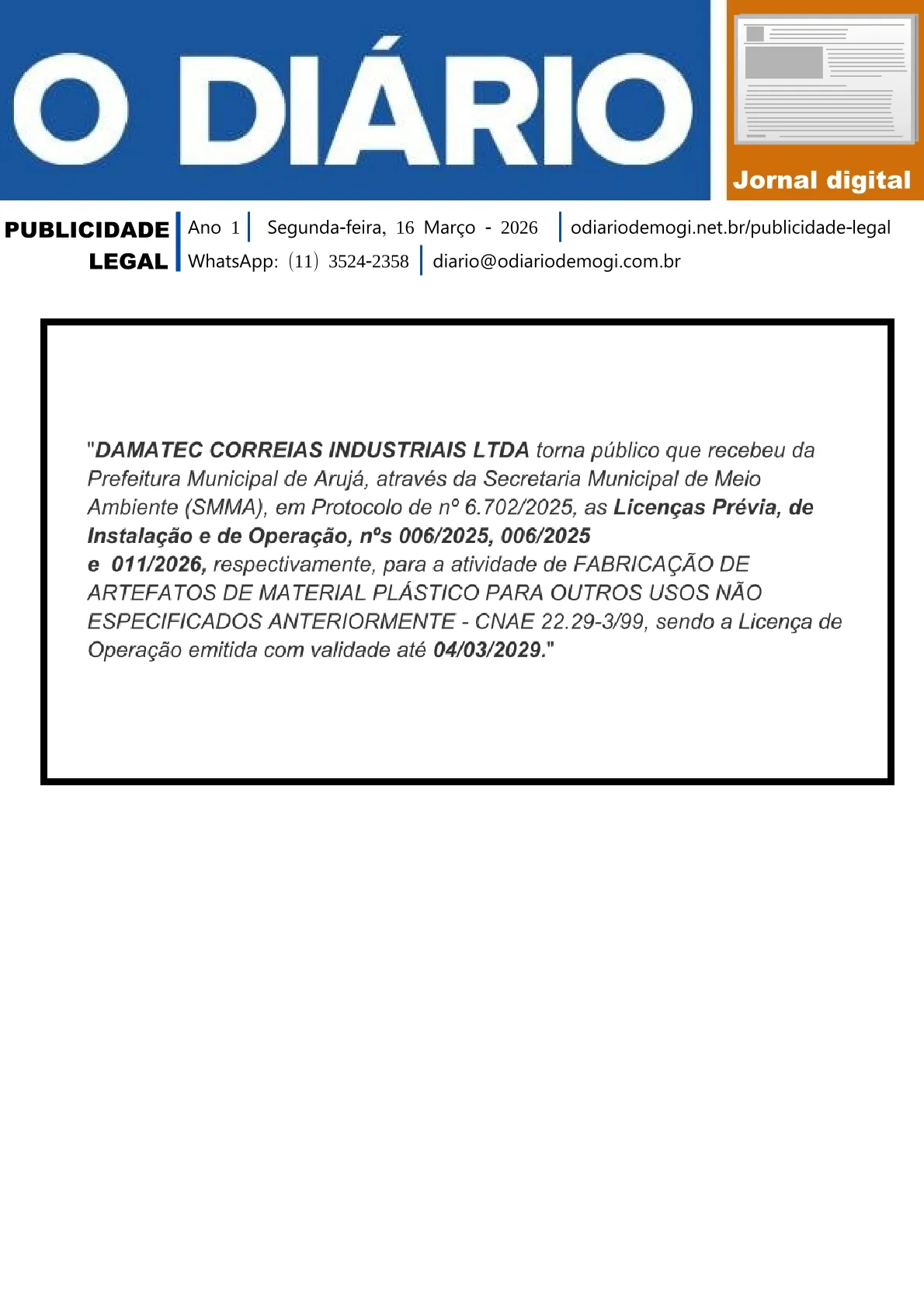Segunda-feira, 16 de Março 2026