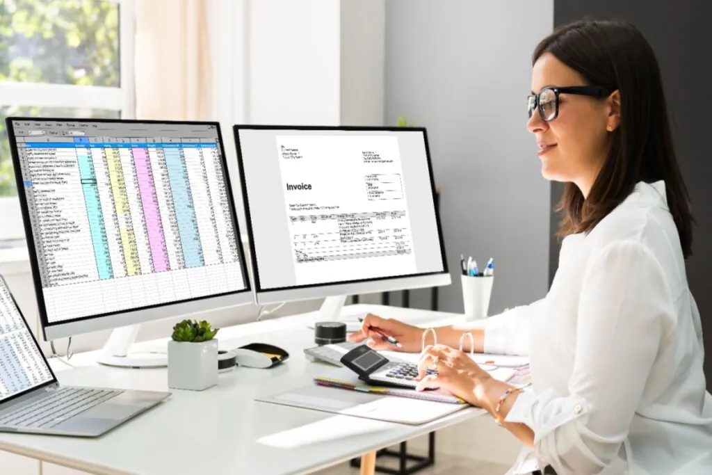 Mulher analisando dados em computador