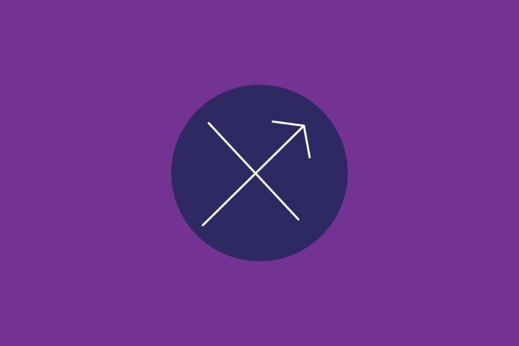 Ilustração do signo de sagitário, em um círculo azul-escuro, sobre um fundo roxo