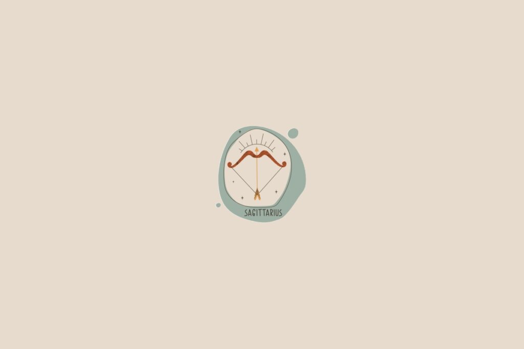 Ilustração do signo de sagitário em um fundo bege-claro. Ao redor dele, há um círculo verde-claro e pequenas bolhas
