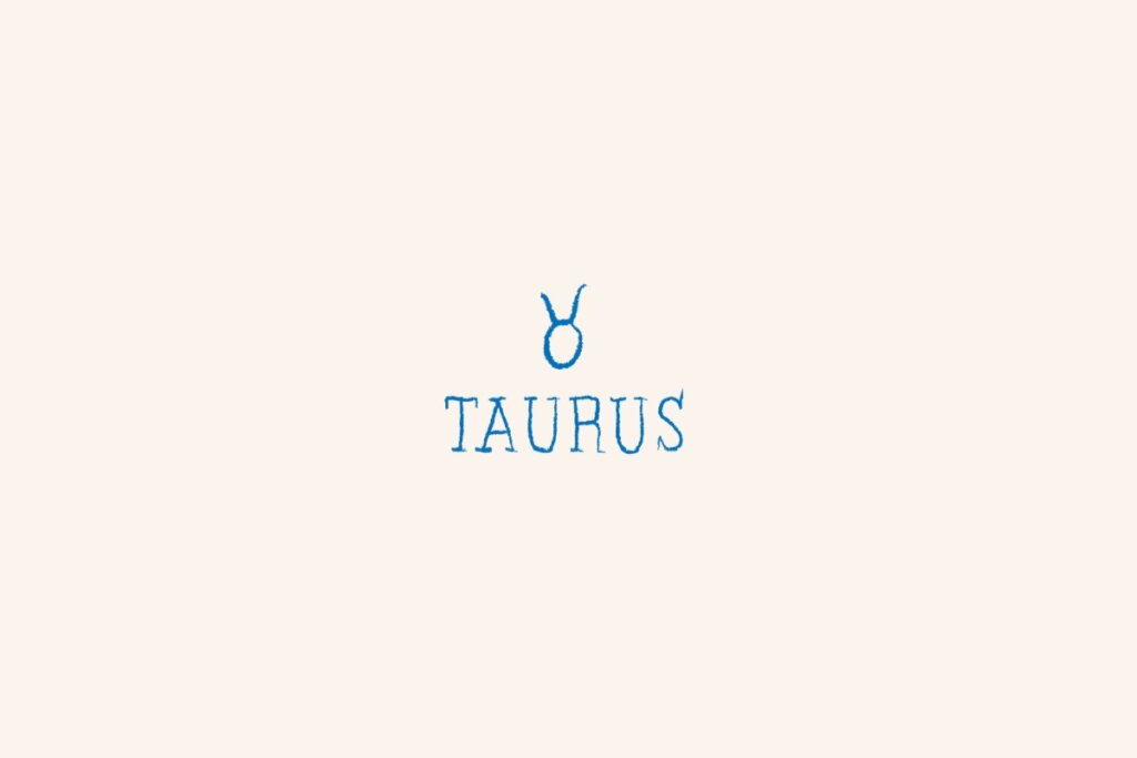 Símbolo do signo de touro, na cor azul, centralizado em um fundo bege-claro e com o nome abaixo