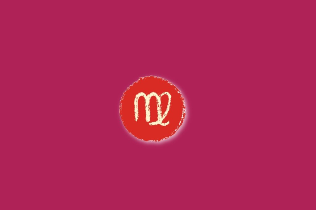 Ilustração do signo de virgem, dentro de um círculo vermelho, sobre um fundo rosa