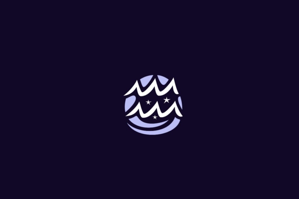 Ilustração do signo de Aquário, com duas linhas onduladas paralelas representando ondas de água, acompanhadas por três estrelas, em fundo roxo escuro