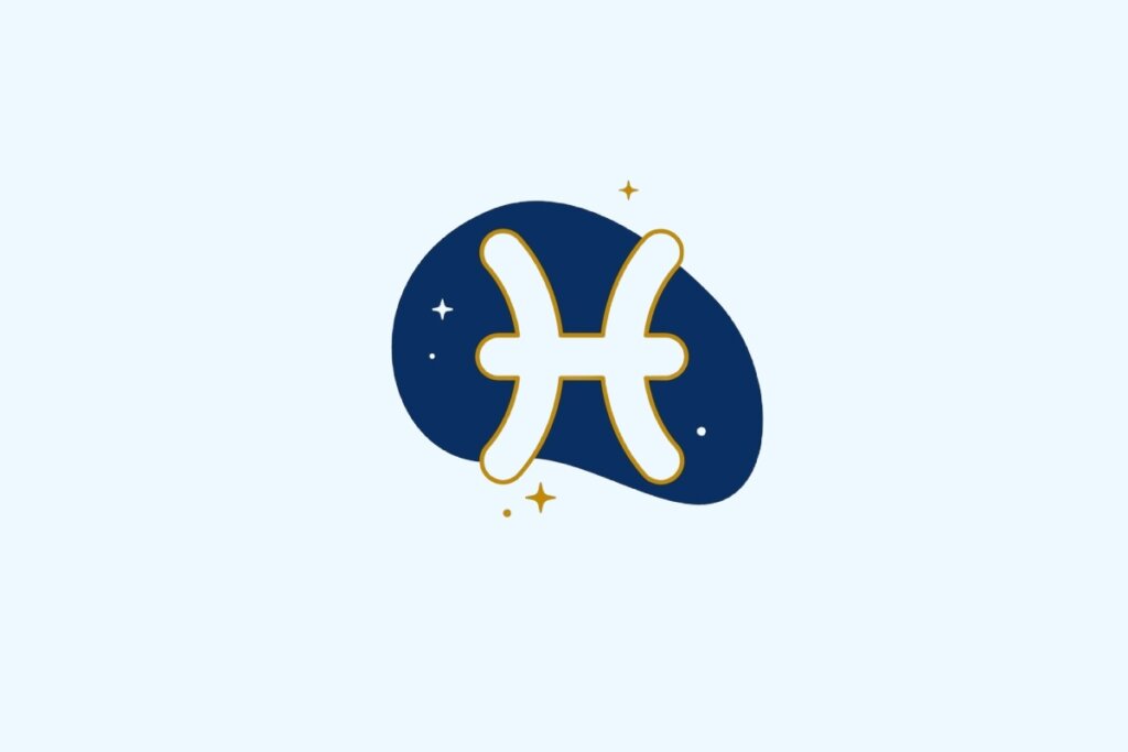 Ilustração do signo de Peixes contendo símbolo de dois peixes unidos em azul-claro e dourado sobre fundo azul-claro