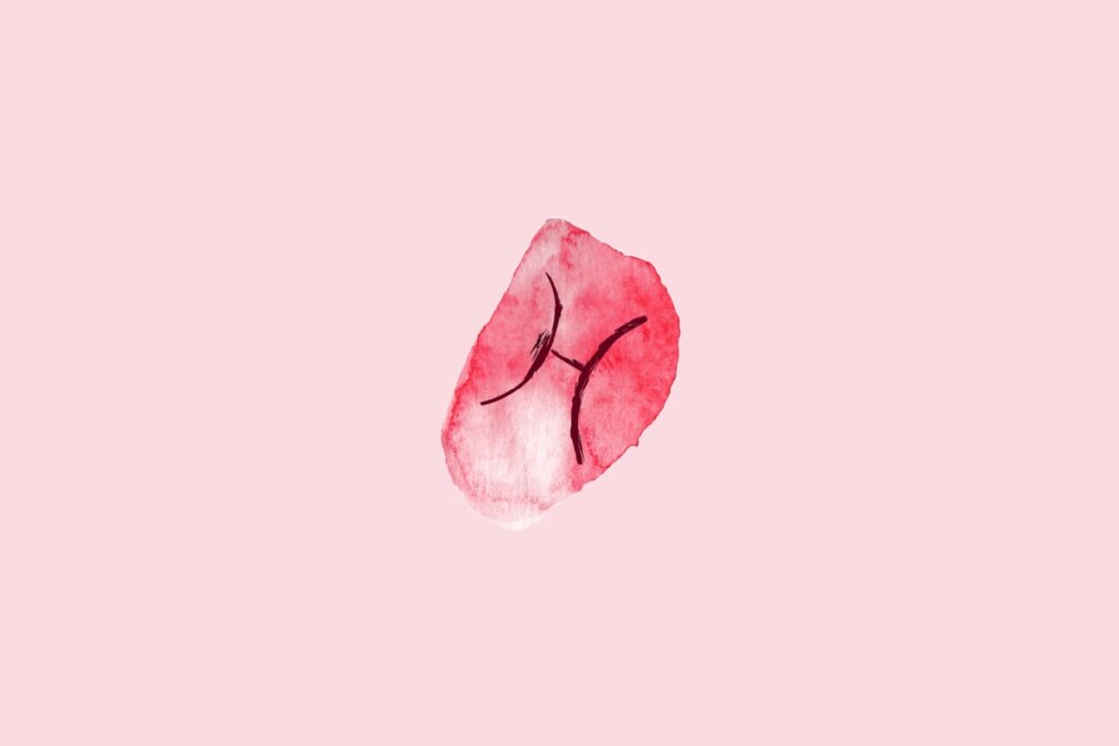 Ilustração do signo de Peixes contendo o símbolo de duas curvas verticais opostas conectadas por uma linha horizontal ao centro em aquarela rosa sobre fundo rosa-claro