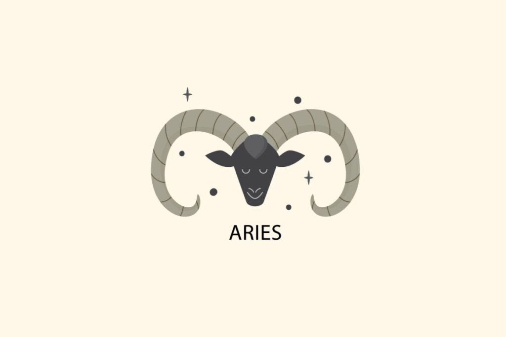 Ilustração do signo de Áries, em fundo bege-claro, contendo a cabeça de um carneiro preto com longos chifres cinza curvados