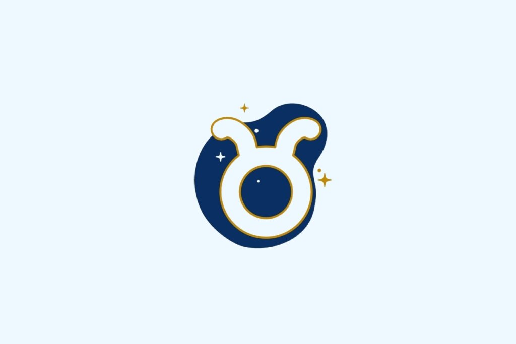 Ilustração do signo de Touro contendo símbolo circular com chifres em azul-claro e dourado sobre fundo azul-claro