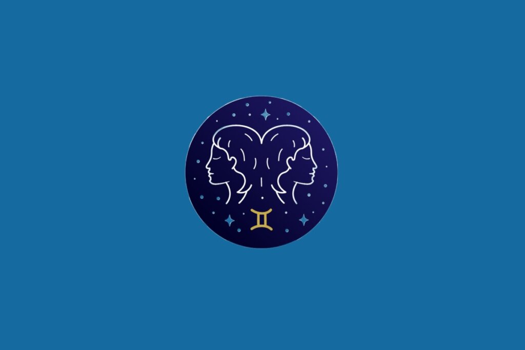 Ilustração do signo de Gêmeos, em fundo azul, contendo um círculo com dois rostos humanos em perfil voltados para lados opostos em linhas brancas e o símbolo do signo em dourado