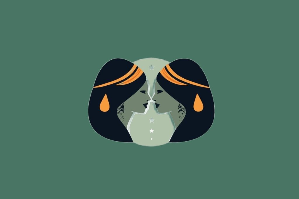 Ilustração do signo de Gêmeos, em fundo verde, contendo dois rostos femininos de perfil voltados um para o outro, com cabelos escuros e detalhes em laranja