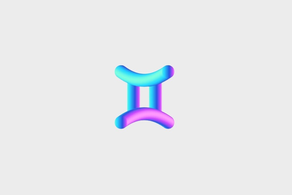 Ilustração do signo de Gêmeos, em fundo cinza, contendo o símbolo em formato 3D com gradiente azul, roxo e rosa, representado por duas linhas verticais paralelas unidas por barras curvas acima e abaixo