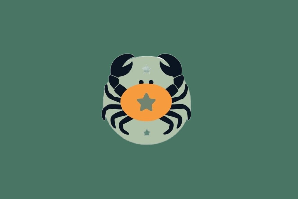 Ilustração do signo de Câncer, em fundo verde, contendo um caranguejo com corpo alaranjado e uma estrela no centro