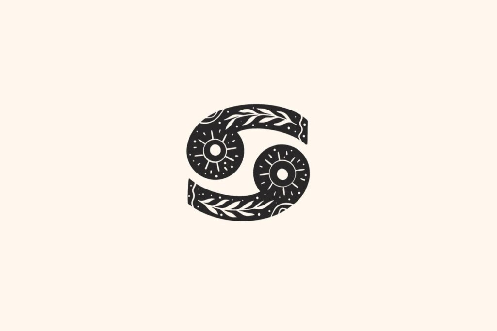 Ilustração do signo de Câncer, contendo o símbolo de um 6 e 9 opostos com padrões com folhagens sobre fundo claro