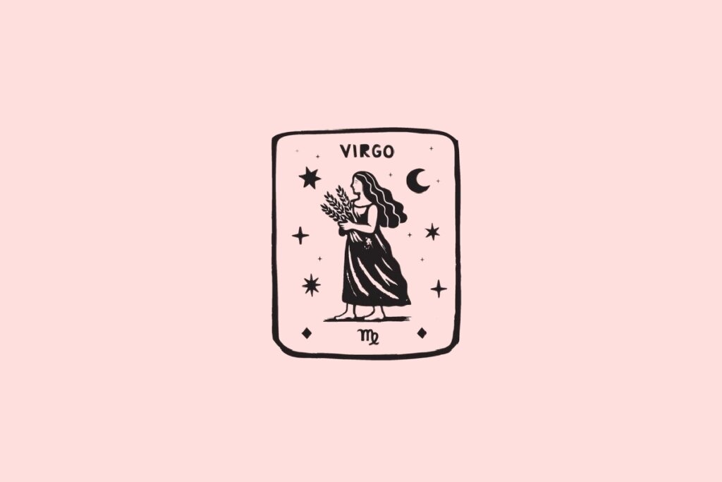 Ilustração do signo de Virgem, contendo uma figura feminina segurando espigas de trigo com lua crescente e estrelas, em fundo rosa-claro