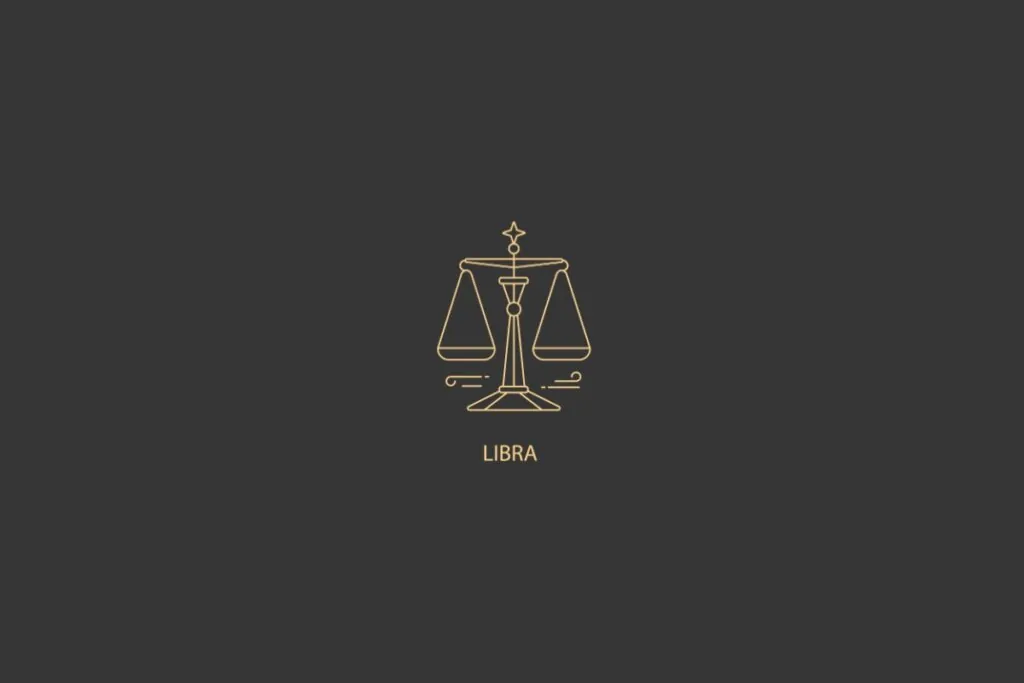Ilustração do signo de Libra com uma balança estilizada, representando o equilíbrio, decorada com estrelas