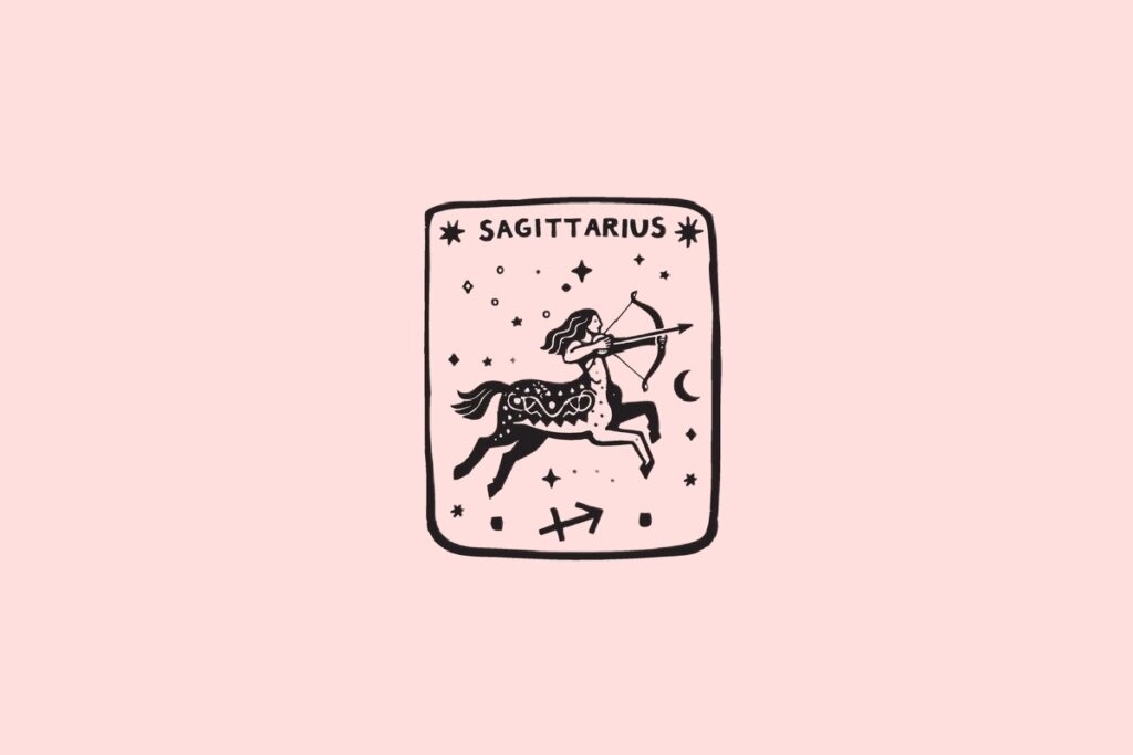 Ilustração do signo de Sagitário, contendo uma centaura com arco e flecha em movimento, com lua crescente e estrelas, em fundo rosa-claro