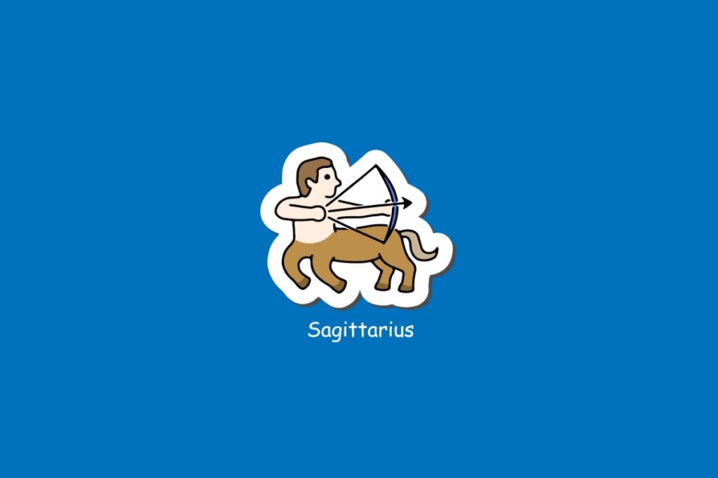 Ilustração do signo de Sagitário, em fundo azul, com centauro puxando arco e flecha em posição de ataque