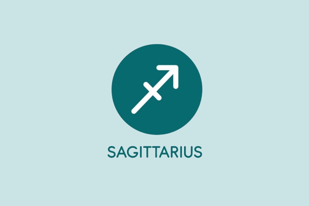 Ilustração do signo de Sagitário, contendo o símbolo em forma de flecha em um círculo sobre fundo verde-claro