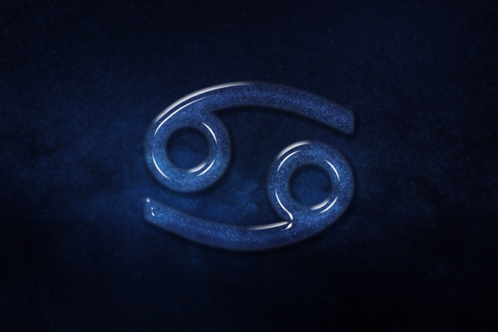 Símbolo do signo de Câncer, composto por dois algarismos que lembram o número 69 deitados horizontalmente com textura de um azul galáctico brilhante, sobre um fundo de céu noturno azul-escuro profundo e estrelado.