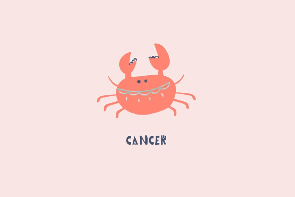 Desenho de um caranguejo simpático na cor coral, com pequenos olhos pretos e um "sorriso" decorativo em azul claro. Fundo rosa pálido com a palavra "CANCER" escrita abaixo.