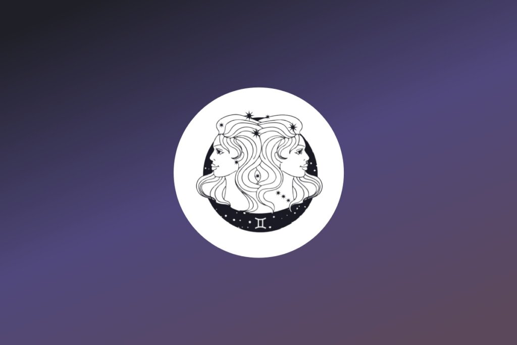 Ilustração em preto e branco representando o signo de Gêmeos com dois rostos femininos de perfil, virados para lados opostos, dentro de um círculo estrelado com o símbolo romano II abaixo. Fundo em degradê roxo e azul.