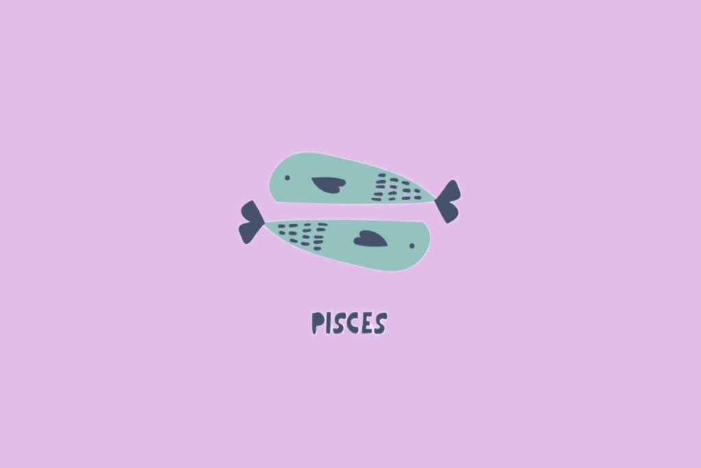 Ilustração estilizada de dois peixes simplificados em tons de verde-água, posicionados horizontalmente em direções opostas sobre um fundo lilás. Abaixo deles, a palavra "PISCES" escrita em fonte arredondada e escura.