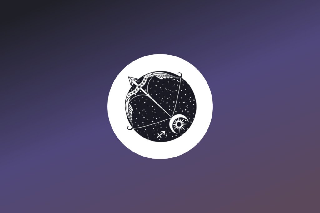 Ilustração em preto e branco representando o signo de Sagitário com um arco e flecha tensionado, apontando para o alto, acompanhado de uma lua crescente e estrelas. O desenho está em um círculo branco sobre fundo degradê em tons de roxo e azul.