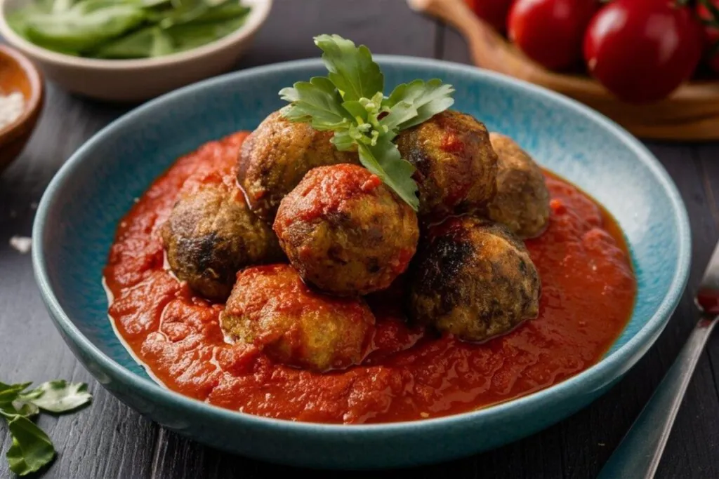 Almôndegas de berinjela servidas sobre molho de tomate, finalizadas com folhas verdes, em prato azul