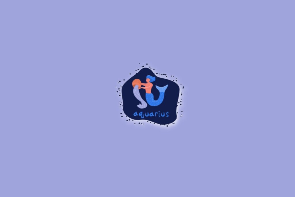 Imagem com um fundo lilás e, no centro, um desenho representando o signo de Aquário, com a palavra “aquarius” abaixo