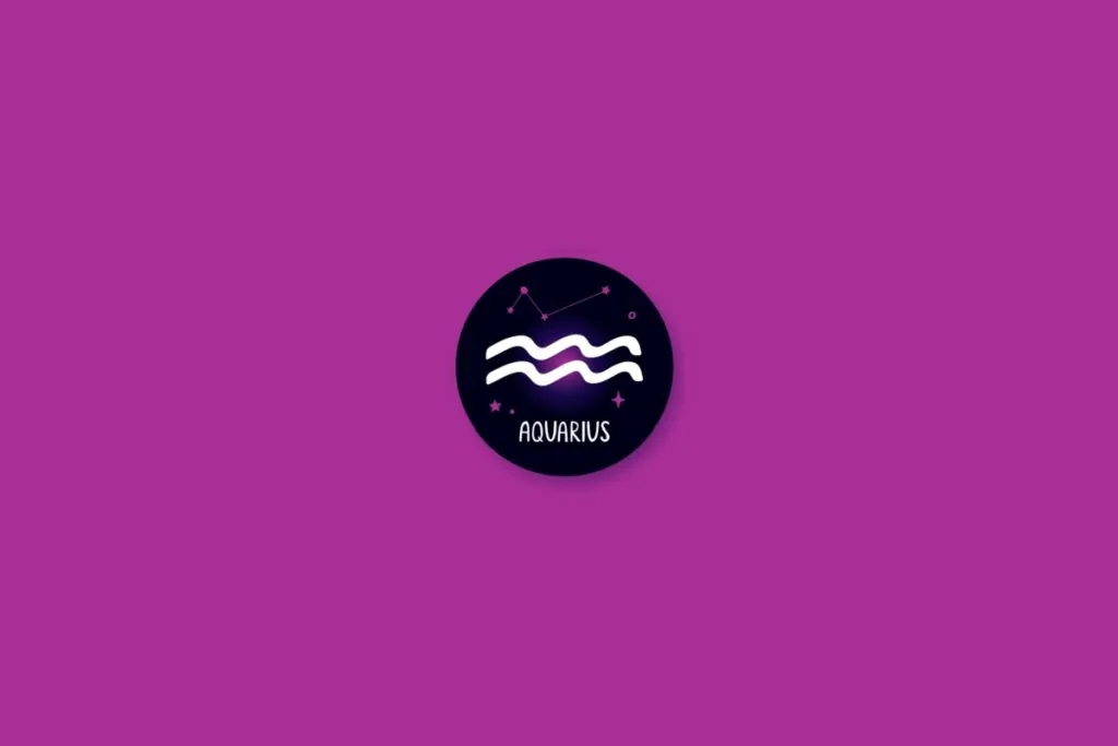 Ilustração de um círculo preto com o símbolo de aquário dentro, com estrelas roxas, sobre um fundo roxo