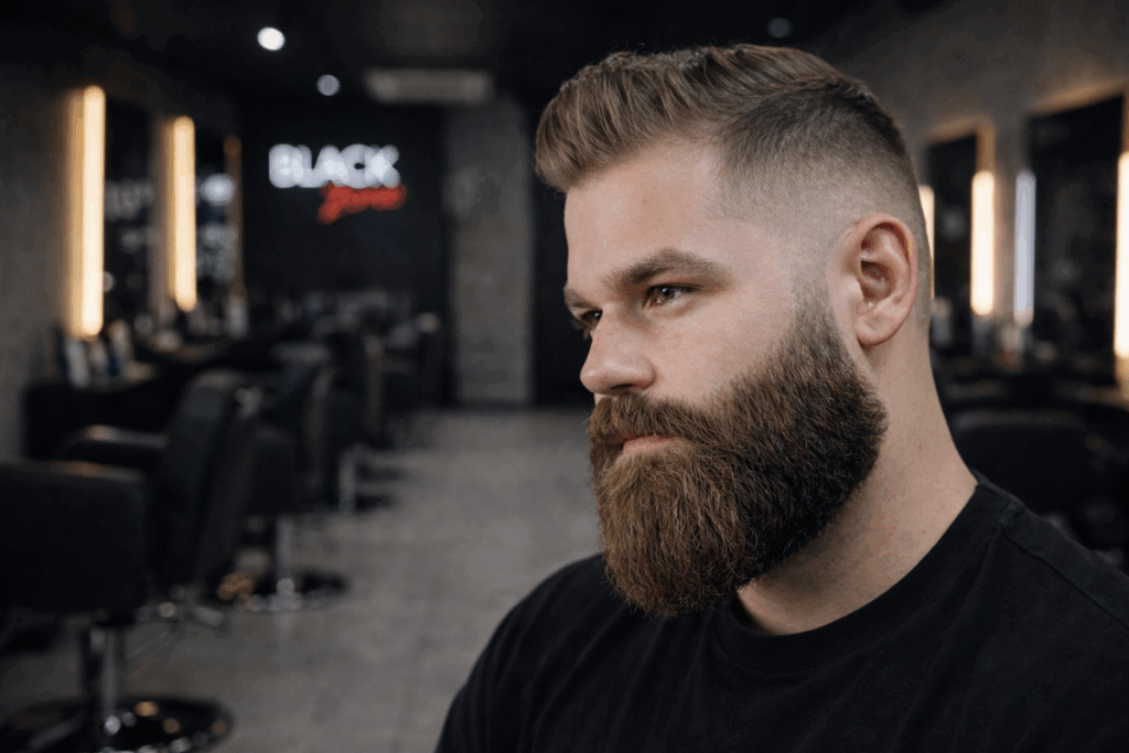 Homem com cabelo curto, raspado nas laterais e barba volumosa usando camiseta preta com barbearia ao fundo