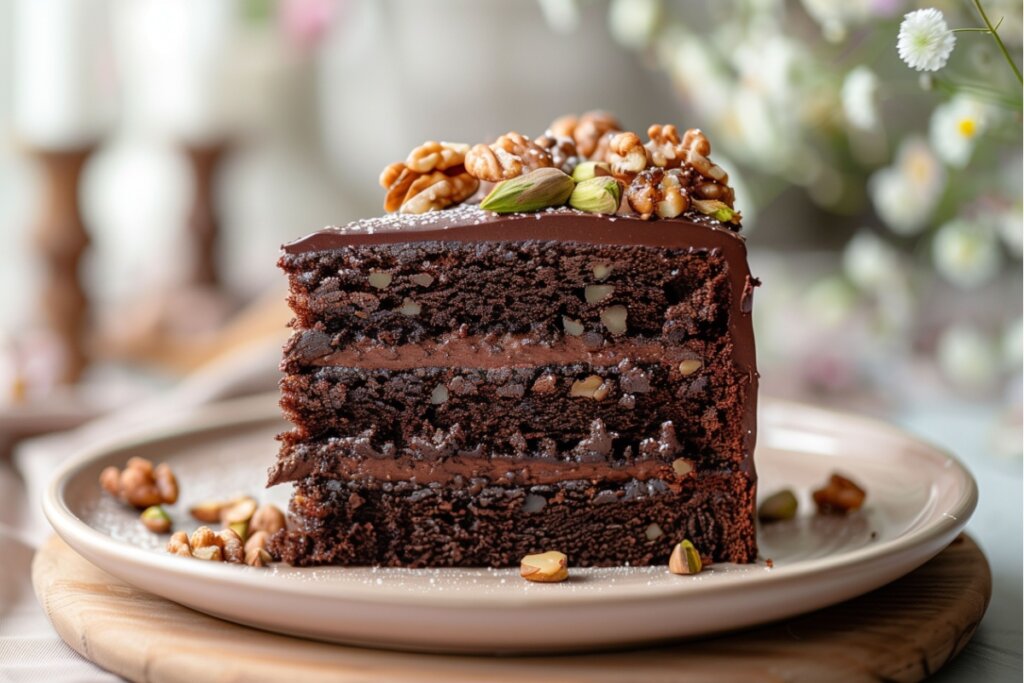 Bolo de chocolate com recheio de chocolate com pistache e nozes, coberto de chocolate com pistache e nozes, servido em prato de cerâmica marrom-claro em cima de uma mesa
