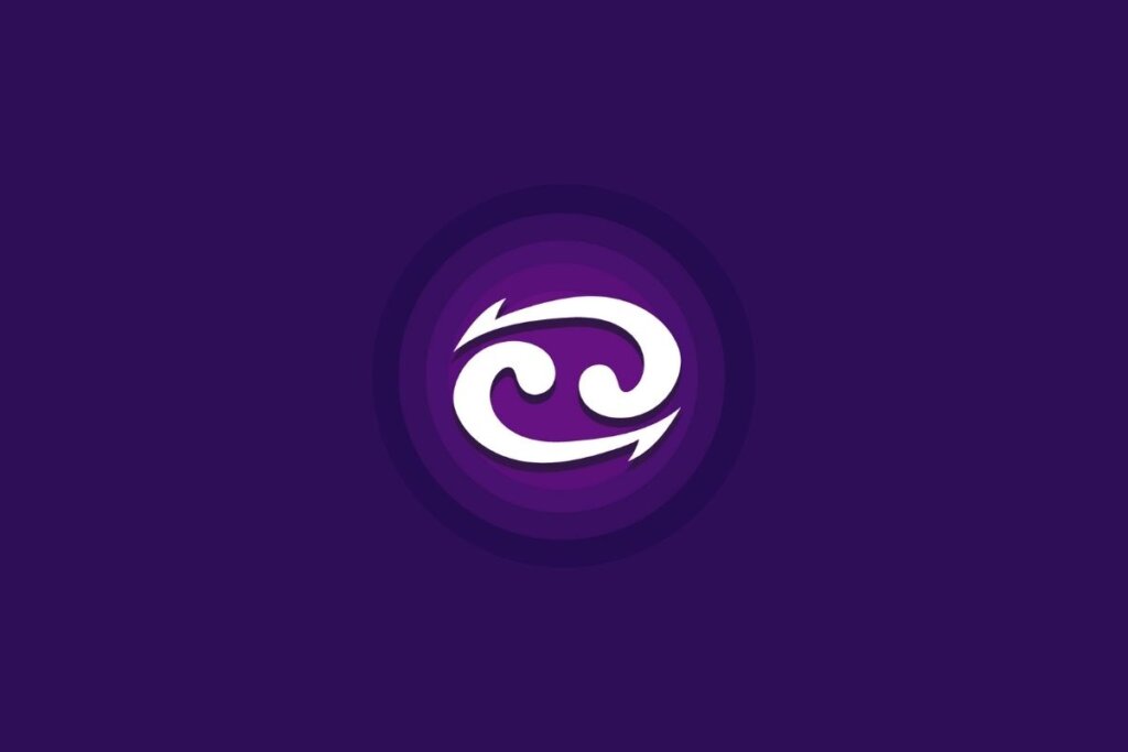 Um símbolo do signo de Câncer em branco aparece no centro de um fundo roxo, com um efeito circular em tons mais claros ao redor