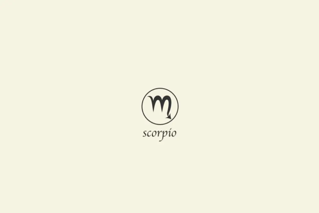 Ilustração do signo de escorpião na cor preta, com um círculo em volta e o nome abaixo, sobre um fundo cinza-claro